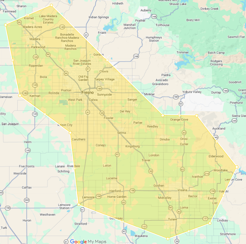 Map of Vessel Air Conditioning & Heating's Central Valley service area, covering Madera to Tulare