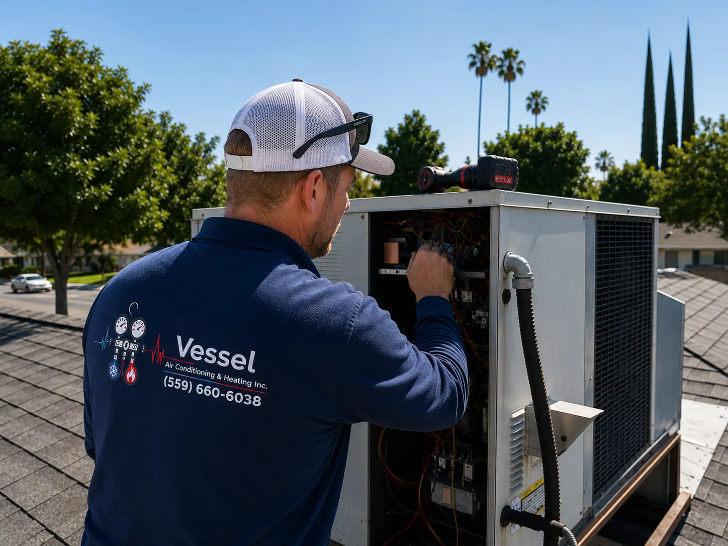 A Vessel Air Conditioning & Heating technician servicing an outdoor AC unit's electrical panel