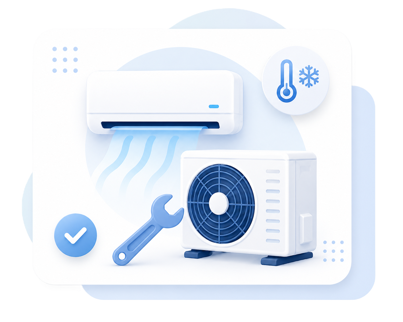 Illustration of an HVAC condenser and mini-split system with a quality-checked badge