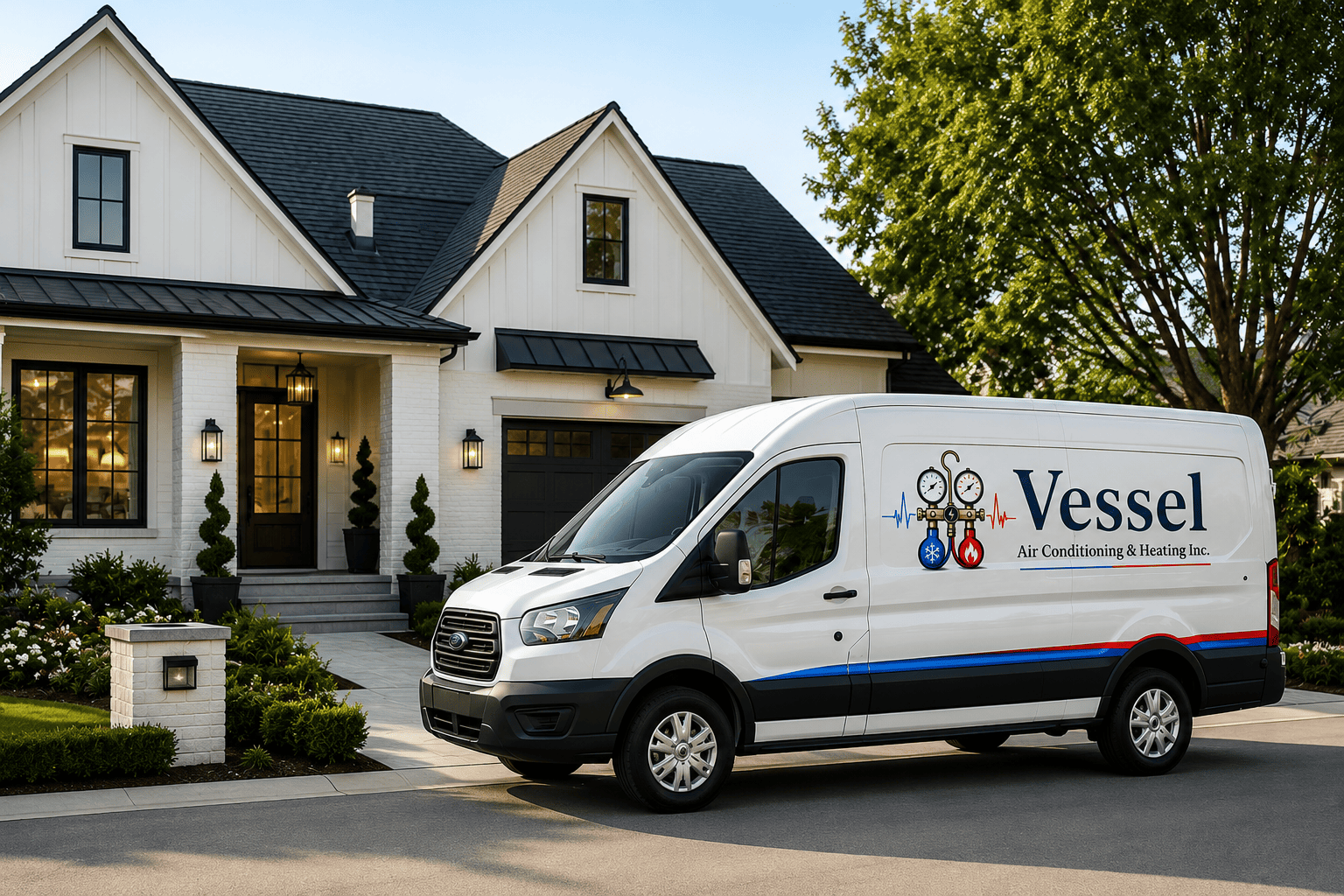 Vessel Air Conditioning & Heating service van parked in front of a Fresno-area home
