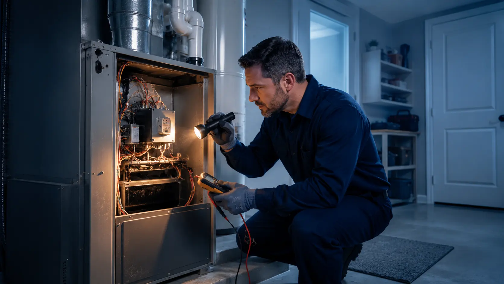 HVAC technician inspecting an aging gas furnace's internal components with a flashlight in a Fresno home's utility room, evaluating whether repair or replacement is the better option