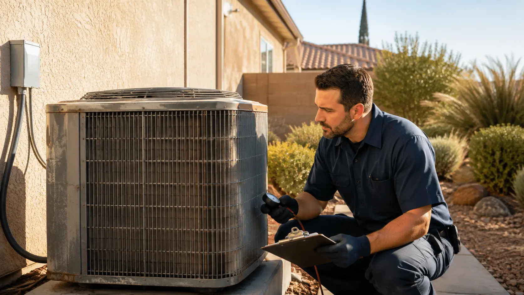 HVAC technician evaluating an aging outdoor air conditioning condenser unit at a Fresno home to determine whether repair or replacement is the better option
