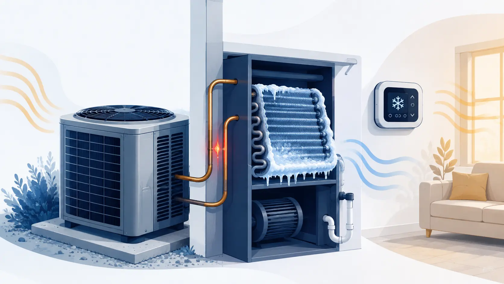 Cutaway diagram of a residential AC system showing a frosted evaporator coil, refrigerant line, and thermostat, illustrating why an AC can run without cooling a home